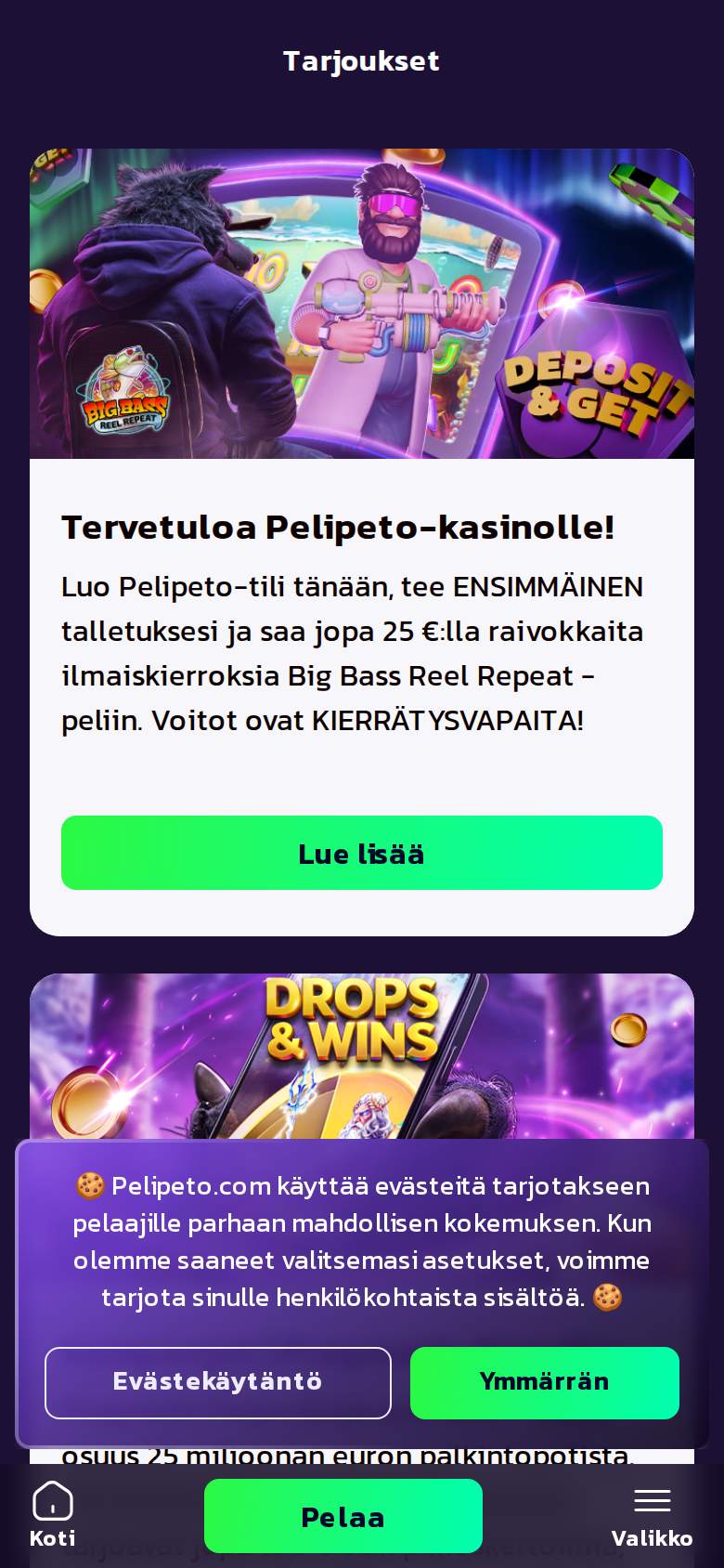 Pelipeto — tarjoussivu
